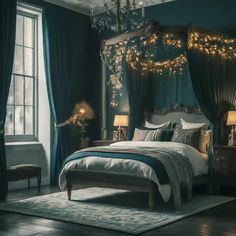 a bedroom decorated in teal and gold with lights strung from the ceiling above the bed