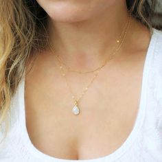 https://www.etsy.com/listing/245881575/charm-necklace-dainty-gem-necklace-stone Delicate Layered Necklace For Gift, White Minimalist Layered Necklace As Gift, Minimalist White Layered Necklace As Gift, Minimalist White Layered Necklace For Gift, Dainty Teardrop Pendant Necklace For Layering, Dainty Teardrop Necklace For Layering, Dainty White Charm Necklace For Layering, Long Stone Necklace, Necklace Stone