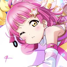 an anime character with pink hair and gold eyes