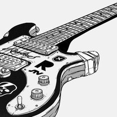 a drawing of a black and white electric guitar with the fretboard cut out