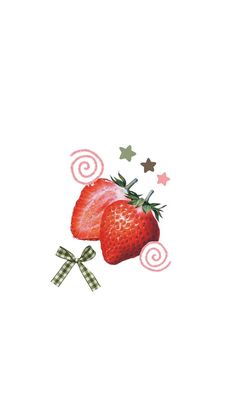 two strawberries with green bows and stars on them are drawn in watercolor by hand