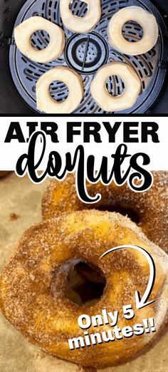 an air fryer with donuts on it and the words air fryer donuts below