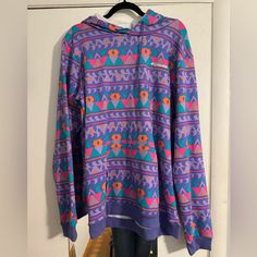 Nwt Columbia, Super Colorful, Nostalgic Geometric Pattern And Colors. Fits Like A Unisex Large Purple Long Sleeve Sweater For Streetwear, Purple Graphic Print Sweater For Fall, Purple Relaxed Fit Long Sleeve Sweater, Casual Hooded Purple Sweater, Casual Purple Hooded Sweater, Purple Hooded Sweatshirt With Graphic Print, Purple Hoodie Tops For Streetwear, Purple Relaxed Fit Sweater For Streetwear, Oversized Long Sleeve Purple Hoodie