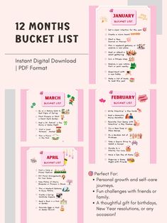 the 12 months bucket list is shown in three different colors and font styles, including pink