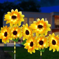 lighted sunflowers are placed in front of a house