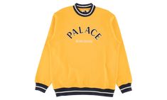 The Palace Couture Crew sweatshirt is just like a college sweatshirt, but much cooler. Made with 100% cotton, the comfortable yellow hoodie comes with long sleeves, a drawstring hood, and a kangaroo pocket. The striped navy blue cuff, hem, and collar complement the yellow nicely, and a “Palace Means Couture” graphic covers the chest with hollowed out and block letters. Over the years, Palace skatewear has become the streetwear of choice thanks to the brand’s nonchalant attitude, cool tees, and h Block Letters, Skate Wear, Yellow Hoodie, College Sweatshirt, Fashion Photography Poses, Mens Fashion Streetwear, Stadium Goods, Streetwear Tshirt, Block Lettering