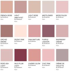 the shades of pink and brown are shown in this color chart, which includes different shades