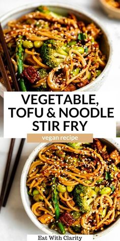 vegetable tofu and noodle stir fry in two bowls with chopsticks on the side