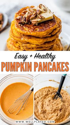 pumpkin pancakes with cinnamon butter and maple syrup are the perfect fall breakfast or brunch