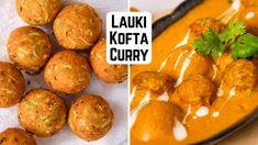 two pictures with different types of food in them, one is curry and the other has meatballs