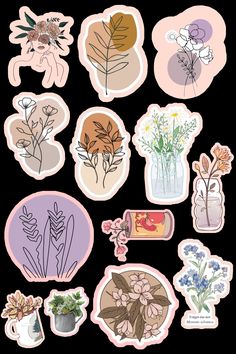 various stickers with flowers in vases and leaves on the top one is pink