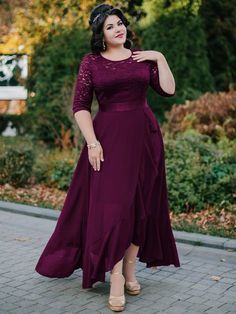 Maroon Collar Three Quarter Length Sleeve Lace Plain A Line Embellished Slight Stretch Women Plus Clothing Cute Wedding Outfits, Mommy Dress, Gorgeous Bridesmaid Dresses, Plus Size Formal, Plus Size Party Dresses, Lace Formal Dress, Plus Size Formal Dresses, Burgundy Bridesmaid Dresses