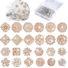 various types of brooches and pins in a box on a white background with flowers