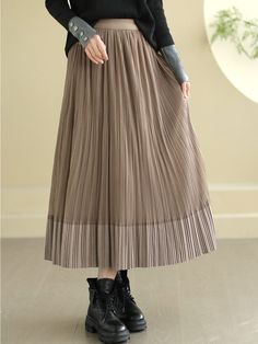 Details: Gender: Women Item Type: Skirt Material: Polyester Season: Spring, Autumn Pattern: Solid Style: Casual, Loose, Retro Waist Type: Elastic Waist Size: One Size Waist: 64.00 - 124.00 cm/ 25.20 - 48.82 " Length: 83.00 cm/ 32.68 " Hip: 120.00 cm/ 47.24 " Winter Beige Pleated Skirt, Beige Stretch Pleated Skirt, Winter Beige Flowy Skirt, Spring Khaki Pleated Skirt, Spring Pleated Khaki Skirt, Pleated Khaki Skirt, New Year Deals, Autumn Pattern, Color Cafe