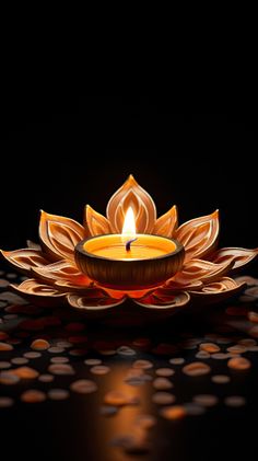 a lit candle in the shape of a lotus flower on a black background with circles