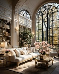 a living room filled with lots of furniture next to large windows covered in plants and flowers