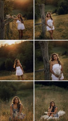 a woman in white dress sitting next to a tree and posing for pictures with the sun behind her