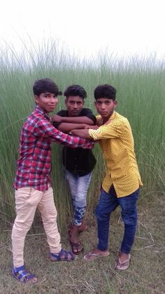 three young men are holding each other in front of tall grass