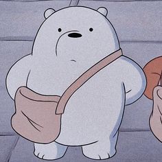 a white bear holding a brown bag on top of it's back and standing next to another bear