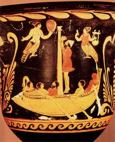 an old vase with people on it and one man in the water holding a boat