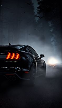 the rear end of a black sports car on a road at night with fog and trees in the background