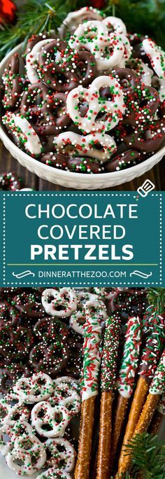 chocolate covered pretzels with sprinkles and christmas decorations