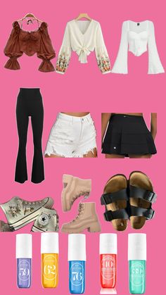 a pink background with various items including shoes, sandals and clothing on it's side