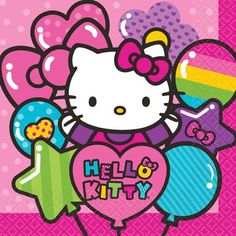 a hello kitty birthday card with balloons and balloons in the shape of heart, on a pink background