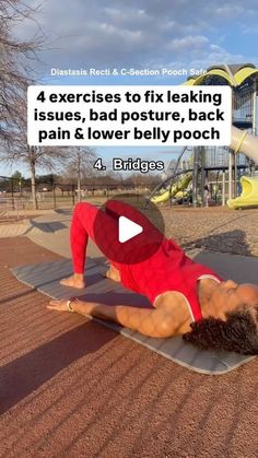 a woman is doing exercises on her yoga mat at the park with text overlay