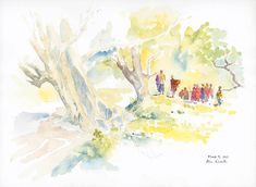 a watercolor painting of people walking up a hill by a tree in the sun