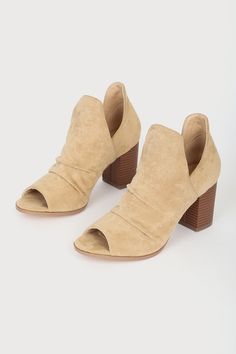 Transition through the seasons in style with the Lulus Raymay Tan Suede Cutout Peep-Toe Ankle Booties! Soft faux suede shapes these on-trend slip-on booties with a peep-toe upper, scrunched detail along the vamp, and cutouts at the instep and outstep of the ankle shaft. Stacked block heel completes the look! 3" stacked block heel. Cushioned insole. Felted rubber sole has nonskid markings. Man made materials. Imported. Lulus | Raymay Tan Suede Cutout Peep-Toe Ankle Booties | Size 10. Tan Ankle Boots, Ankle Boots For Women, Tan Suede, Boots For Women, The Vamps, The Seasons, Ankle Booties, Heeled Mules, Faux Suede