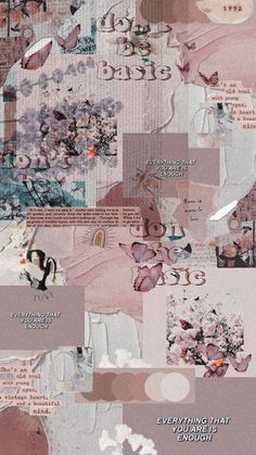 an abstract collage with many different pictures and words on it's side, including flowers