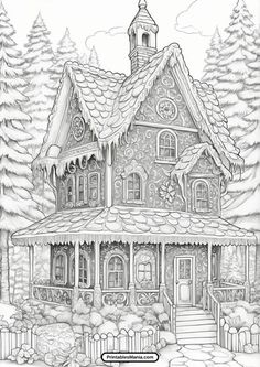 a drawing of a house in the snow