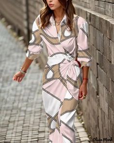 OliviaMark - Chic and Elegant Long Sleeve V-neck Shirt Dress Mode Prints, Dresses Casual Boho, Dress Sleeve Length, Collared Shirt Dress, Chiffon Fashion, Printed Shirt Dress, Turndown Collar, Hip Dress, Boho Casual