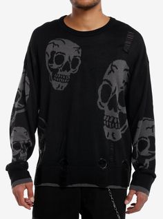 Add the skull-timate sweater to your wardrobe now! This knit sweater has different sized skull intarsia all over  plus distressed detailing.100% acrylicWash cold; dry flatDistressed detailsImportedListed in men'sunisex sizesModel is 6'1"Model wears size Medium Edgy Distressed Crew Neck Sweater, Black Distressed Crew Neck Sweater, Distressed Black Sweater For Streetwear, Black Distressed Sweater For Streetwear, Edgy Black Distressed Sweater, Black Long Sleeve Sweater With Skull Print, Fall Skull Print Crew Neck Sweater, Winter Skull Print Sweater For Streetwear, Winter Streetwear Sweater With Skull Print