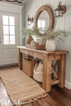 a wooden table sitting in front of a mirror