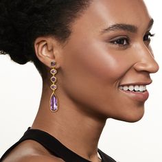 Ross-Simons - 26.40 ct. t. w. Amethyst Drop Earrings in 18kt Gold Over Sterling. Hello, monochrome! These glamorous drop earrings present multi-shaped amethysts, totaling 6.40 ct. t. w., with additional 20.00 ct. t. w. pear-shaped amethysts as the gorgeous grand finale. Crafted in 18kt yellow gold over sterling silver with textured and polished finishes. Hanging length is 2 5/8". Post/clutch, amethyst drop earrings. Amethyst birthstones are the perfect gift for February birthdays. Formal Purple Earrings, Amethyst Birthstone, February Birthday, Pear Shaped, Amethyst, Yellow Gold, Perfect Gift, Drop Earrings, Sterling Silver