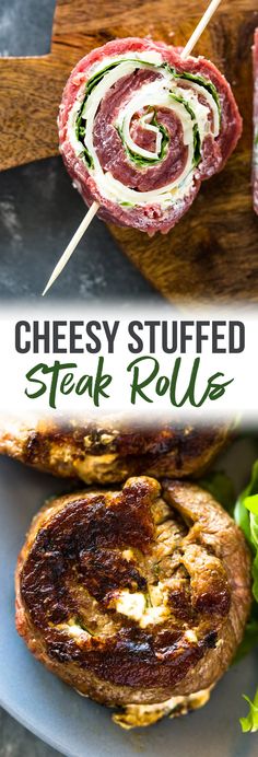 steak rolls on skewers with cheese and spinach in the middle, next to lettuce