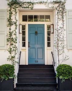 a blue front door with two planters on the steps