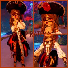 two pictures of a woman dressed in pirate clothing