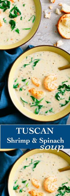 two plates filled with shrimp and spinach soup on top of a blue table cloth