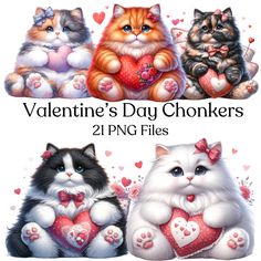 valentine's day chonkers with two cats holding heart - shaped objects in their paws