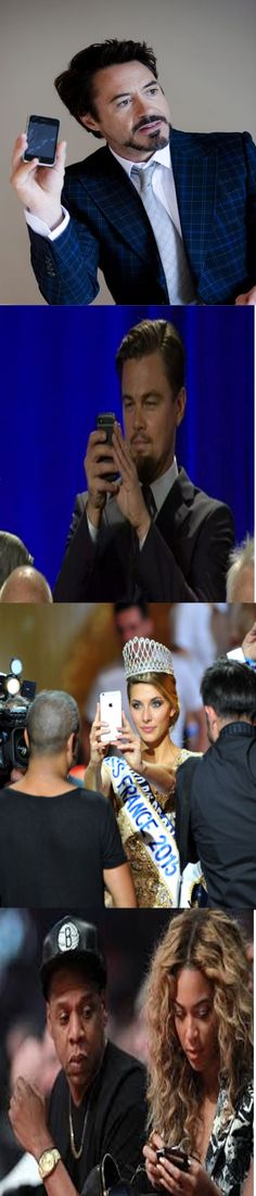 the collage shows two men in suits, one holding a cell phone and another wearing a hat