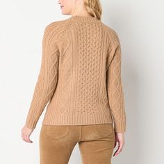 This St. John's Bay women's pullover sweater will quickly become a go-to in your cool-weather wardrobe. It's made from a textured knit fabric and has a regular-fit, a mock neck, and long cuffed sleeves. Pair it with corduroy pants and loafers. Closure Type: Pullover HeadFit: Classic FitNeckline: Mock NeckSleeve Length: Long SleeveSleeve Style: Cuffed SleeveApparel Length: 24 InchesFiber Content: 85% Acrylic, 9% Polyester, 6% NylonFabric Description: KnitCare: Machine WashCountry of Origin: Impo… Cozy Fit Cable Knit Tops For Fall, Cozy Fit Cable Knit Tops For Winter, Winter Cable Knit Cozy Top, Cable Knit Long Sleeve Tops For Cold Weather, Beige Cable Knit Crew Neck Outerwear, Cozy Crew Neck Tops For Cold Weather, Crew Neck Cable Knit Top For Cold Weather, Cable Knit Crew Neck Top For Cold Weather, Beige Sweatshirt For Winter Layering