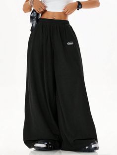 Women's Super Loose High-Street Style Texture-Draping Plain Wide Leg Pants, Versatile Black Casual   Woven Fabric Letter Wide Leg Slight Stretch  Women Clothing, size features are:Bust: ,Length: ,Sleeve Length: Oversized Pants, High Street Fashion, Fabric Letters, Pantalon Large, Loose Pants, High Fashion Street Style, Kids Beachwear, Black Casual, Women Clothing