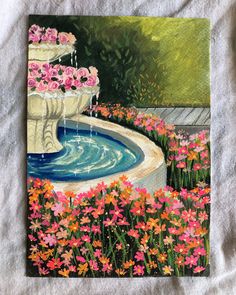 a painting of a fountain with flowers around it