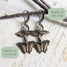 These Cottage Core Butterfly Earrings embody whimsical nature with a cute bug design crafted in brass. Featuring lever back closures, they're a charming stocking stuffer and handmade gift for your partner or sister. 𝗗𝗘𝗧𝗔𝗜𝗟𝗦 🍂 Drop length of earrings is 1 and 3/8 inches from base of ear wires 🍂 Ear wires are made in the USA of lead/nickel-free antiqued brass 🍂 Antiqued brass butterfly charms are made in the USA 🍂 Antiqued brass throughout for a vintage, Victorian look 🍂 Limited Edition gift; don't miss out! 𝗛𝗢𝗪 𝗧𝗢 𝗢𝗥𝗗𝗘𝗥 1: Select item quantity 2: Select options, if applicable 3: Add to cart 4: Choose shipping method 𝗬𝗢𝗨 𝗔𝗟𝗦𝗢 𝗠𝗜𝗚𝗛𝗧 𝗟𝗜𝗞𝗘 Lever Back Earrings: https://www.etsy.com/shop/creationsbytara/?etsrc=sdt§ion_id=46493207 Handmade Necklaces: https://w Cottage Core Butterfly, Bug Design, Gift For Partner, Brass Butterfly, Whimsical Nature, Butterfly Earring, Handmade Gifts For Her, Earring Gift, Gift For Sister