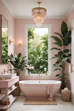 a bathroom with pink walls and flooring has a claw foot tub in the center