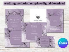 the wedding stationery is displayed on top of a wooden table with purple and white flowers