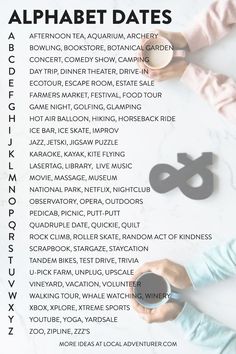 Conquer the Alphabet of Dates: A Comprehensive Guide Alphabet Dating, Romantic Date Night Ideas, Dating Ideas, Couple Activities, Date Night Ideas